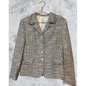 Le Suit Essentials Womens 16 Black White Tweed Fringe Trim Blazer Jacket